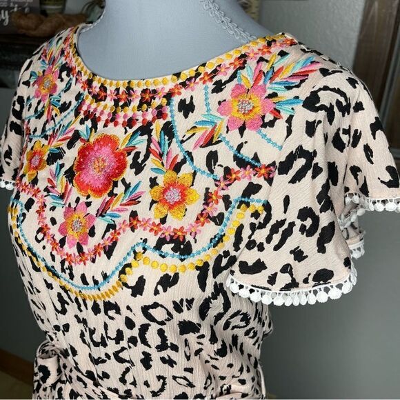 Savanna Jane Animal Print Mocha Black Floral Embroidery Romper - Picture 7 of 13